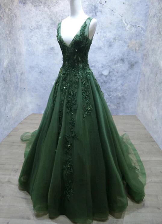 Dark Green V-neckline Low Back Formal Dress With Lace Applique on Luulla