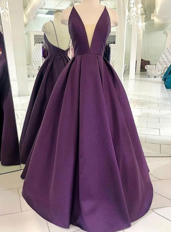 A Line Purple Strapless Satin Prom Dresses with Split LBQ2550 main image 1
