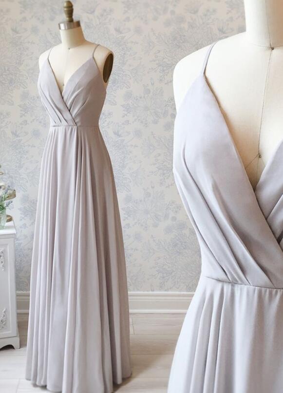 A-line V-Neck Long Sleeve Chiffon Dress Steel Grey main image 1