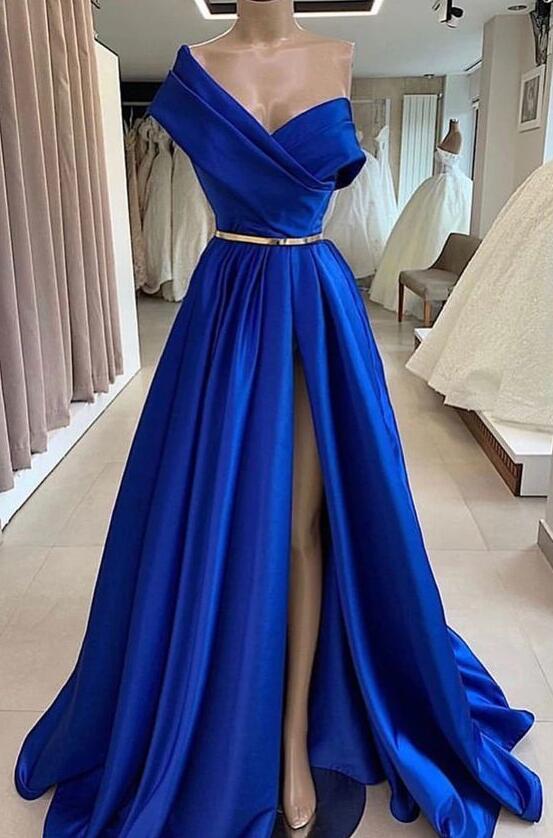 Elegant V-Neck Lace Top A-line Satin Dress Royal Blue