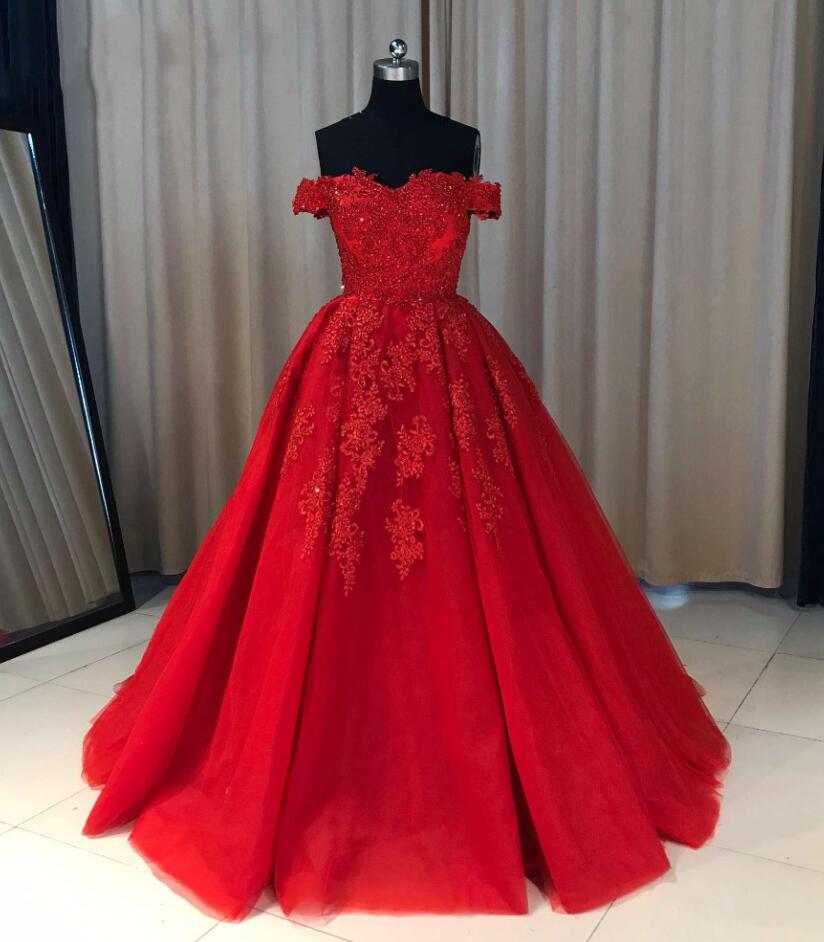Red Ball Gown Off the Shoulder Short Sleeves Prom Dresses LBQ0732 main image 1
