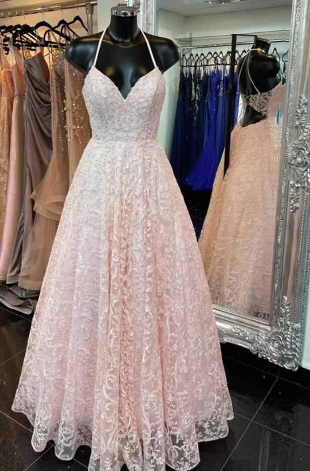 A Line High Neck Open Back Pink Organza Prom Dress with Appliques LBQ0294