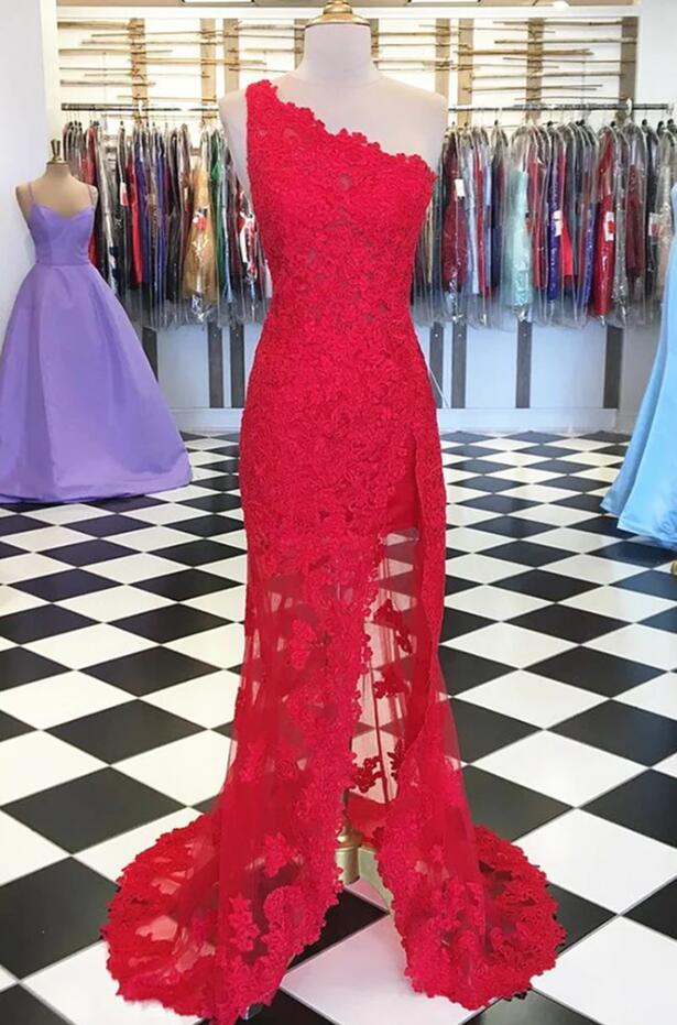 Beautiful Long Red Mermaid One Shoulder Lace Sequined Sleeveless Prom Dress
