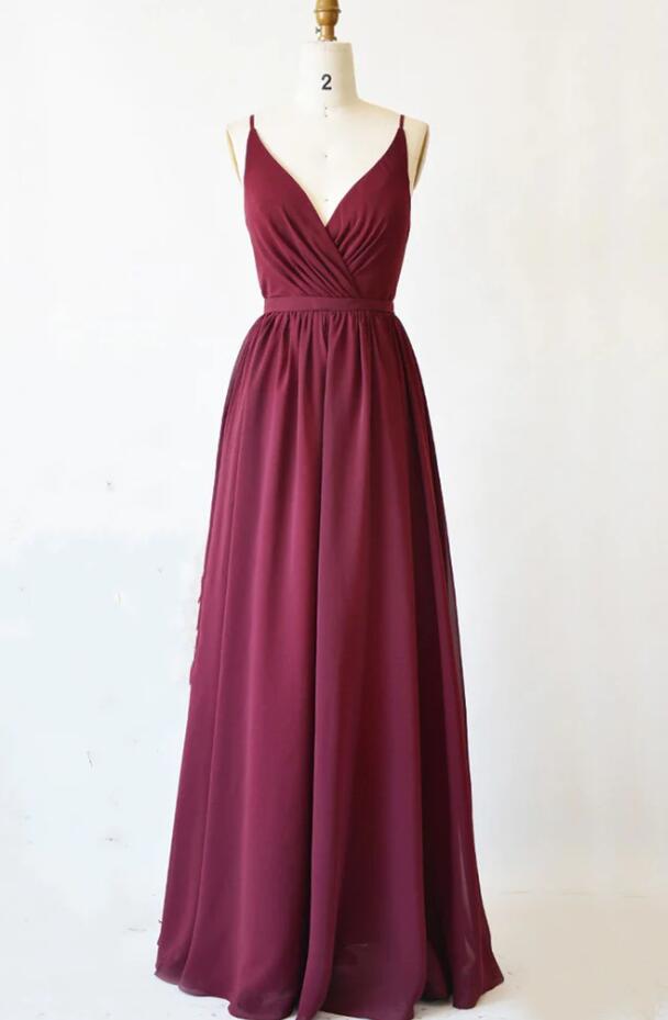 A Line V Neck Beaded Chiffon Open Back Burgundy Prom Dress LBQ3168