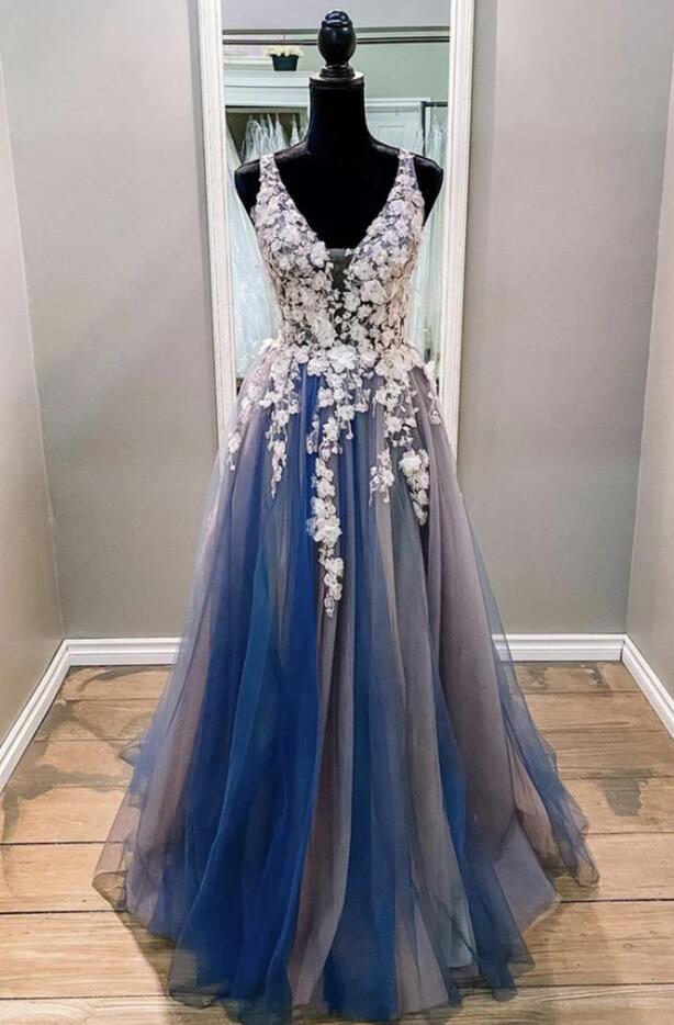Princess Light Blue 3D Floral Lace V-Neck A-Line Long Prom Dress VK23110104