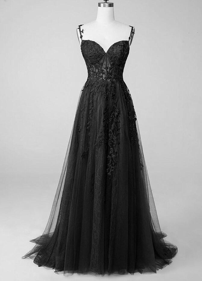 Sparkly Black A-line Straps Prom Dress Tulle Evening Gown main image 0