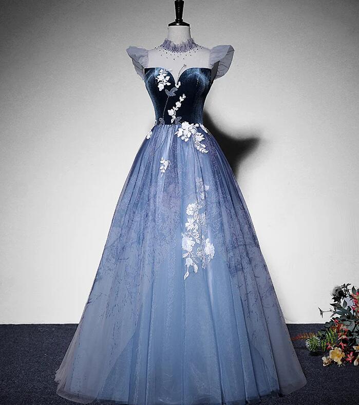 Blue A Line Evening Dress with Short Sleeves For Party