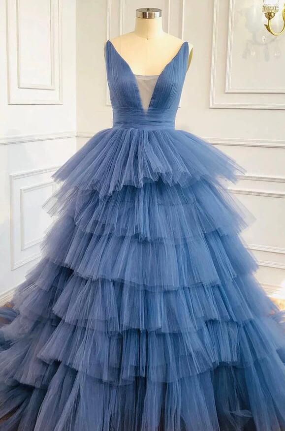 Mermaid Blue V-neck Tulle Long Prom Dresses on Luulla