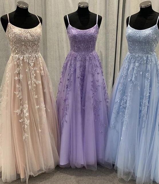 A Line Straps Tulle Prom Dress With Lace on Luulla