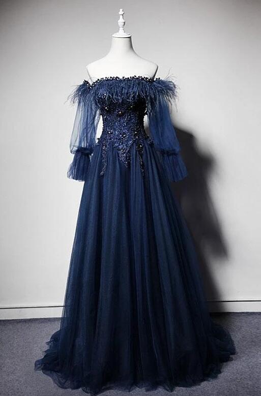 Elegant Off-shoulder Navy Blue Tulle Lace Formal Evening Dresses on Luulla