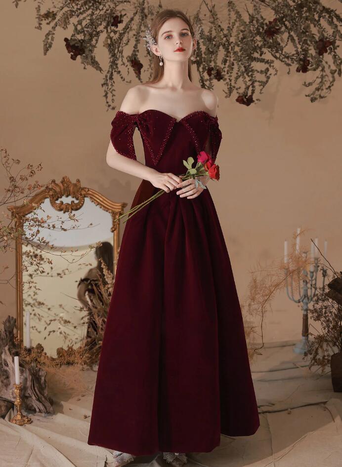 A line Velvet Tea Length Burgundy Prom Dresses, Formal Burgundy Velvet Bridesmaid Dresses