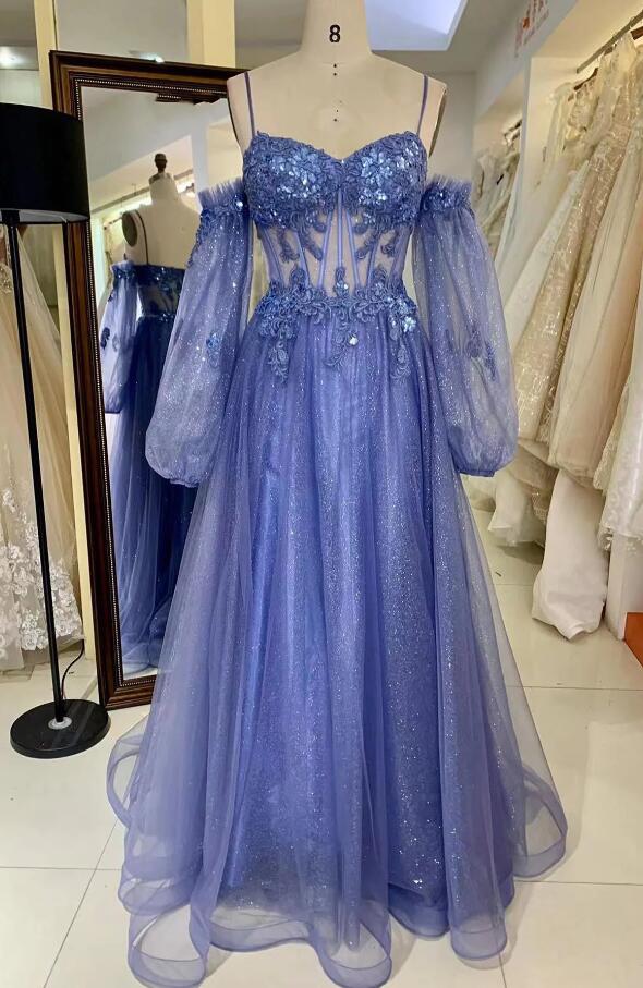 Lavender Jewel Long A Line Satin Appliques Prom Dresses LBQ3579