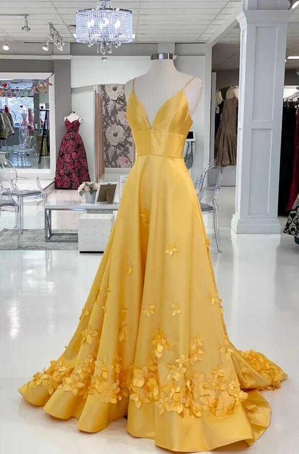 Elegant A Line Yellow Prom Dress With Flowers on Luulla