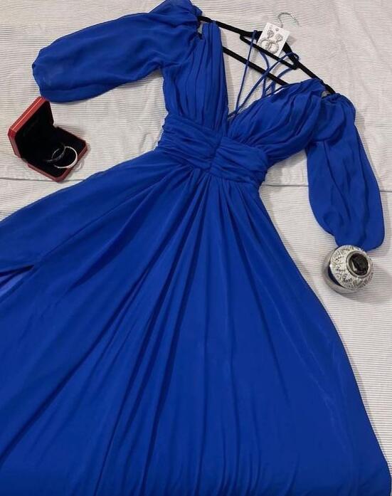 A Line One Shoulder Chiffon Blue Prom Dress LBQ0950