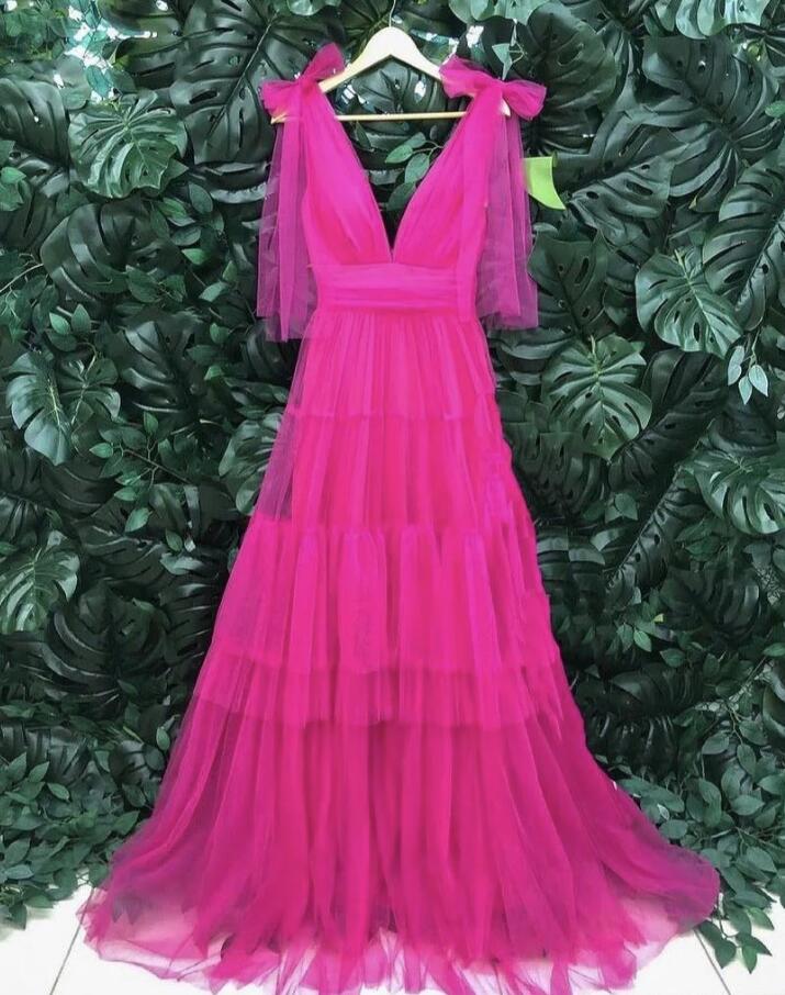 Charming A-line Hot Pink Tulle Long Prom Dresses on Luulla