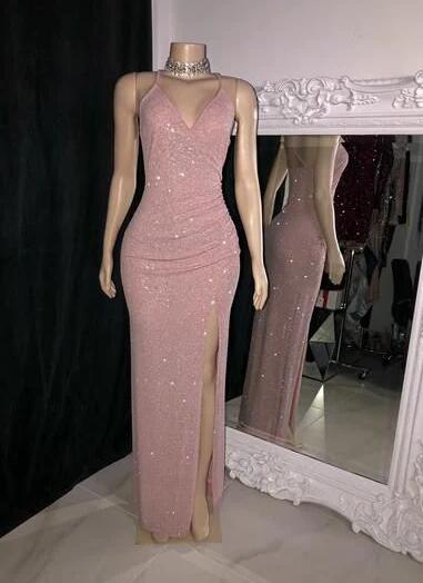Black Sequins Side Slit A line Spaghetti Straps Party Prom Dress