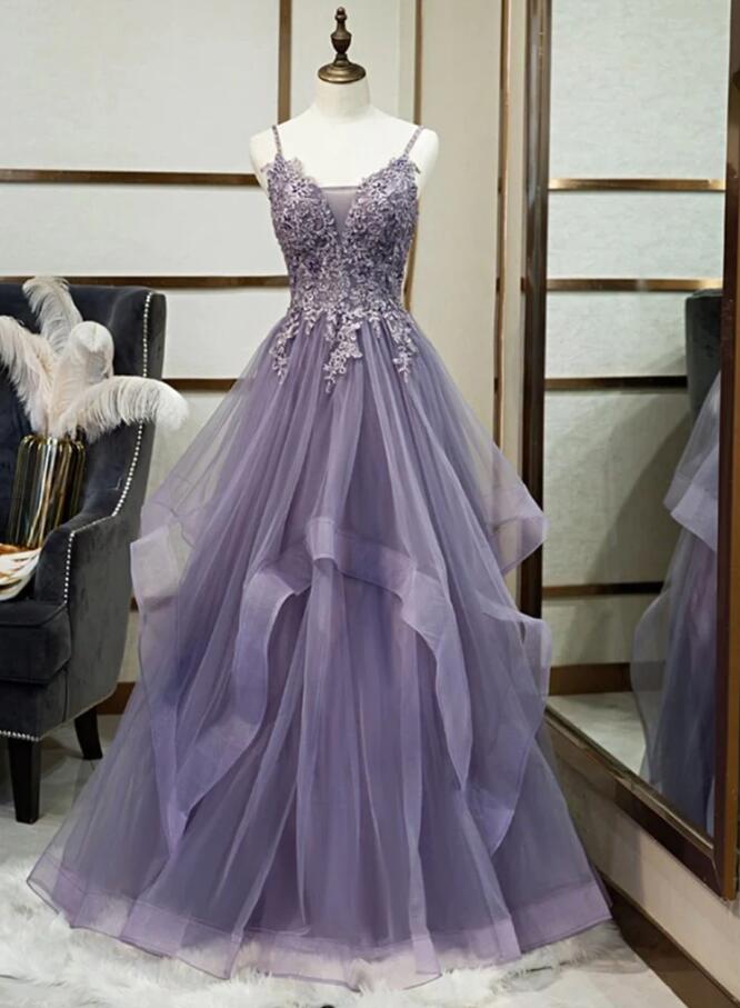 PURPLE V NECK LONG A LINE PROM DRESS LACE EVENING DRESS   cg16844 main image 0