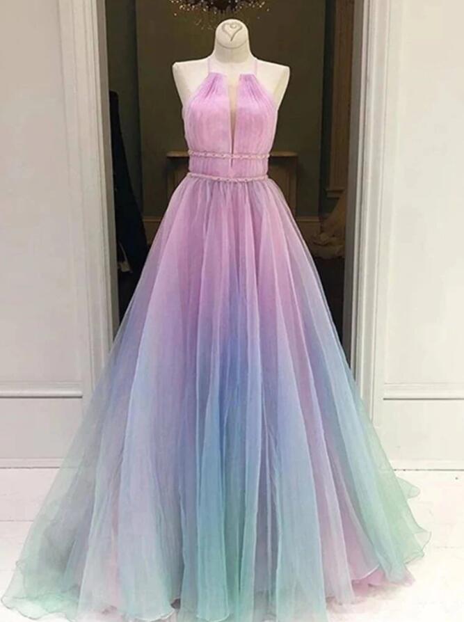 Blue Ombre Halter Beading A-Line Vintage Long Party Dress Prom Dress, DP4667 main image 0