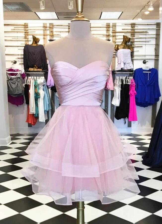 Blush Pink Mini Dress - Sweetheart Neck Prom Gown