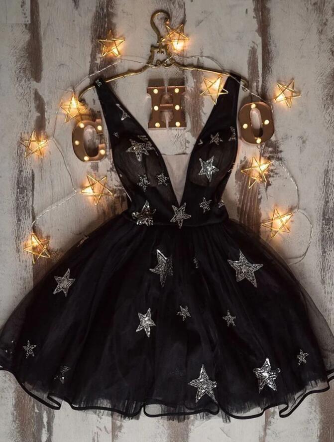Black V Neck Tulle Backless Ruffles A Line Prom Dress