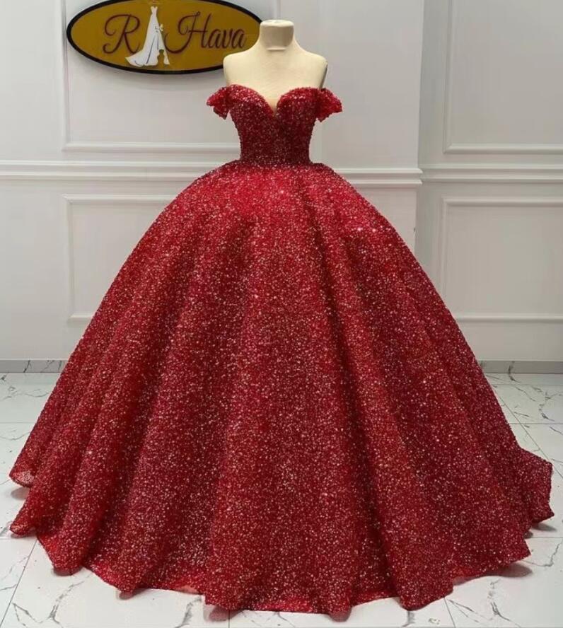 Ball Gown Off Shoulder Sparkly Red Prom Dresses on Luulla