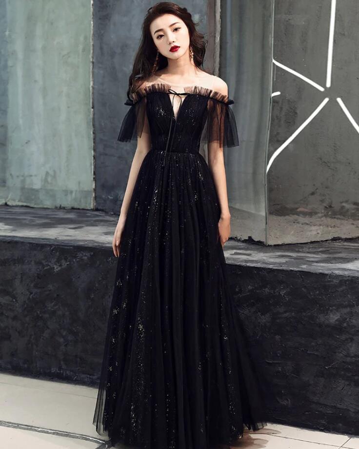 A Line Black Tulle Off Shoulder Long Prom Dress on Luulla