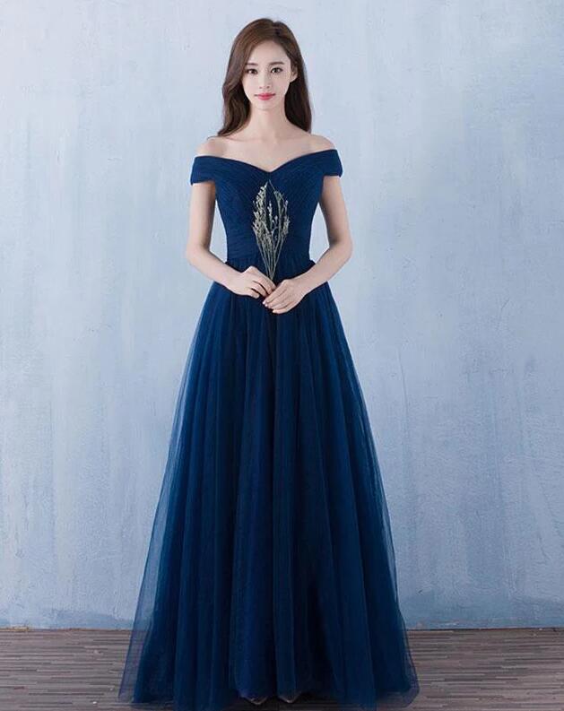 A Line Long Blue V Neck Tulle Prom Dress on Luulla