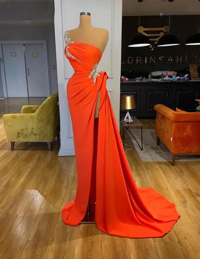 One Shoulder Orange Evening Dress With High Slit on Luulla