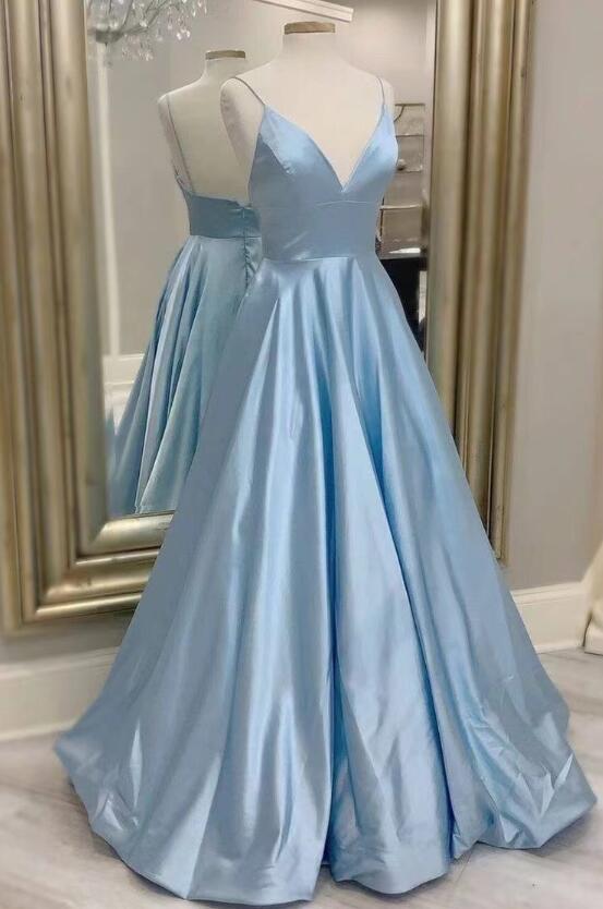 Sky Blue V Neck Floral Side Slit Spaghetti Straps Sheath Prom Dress