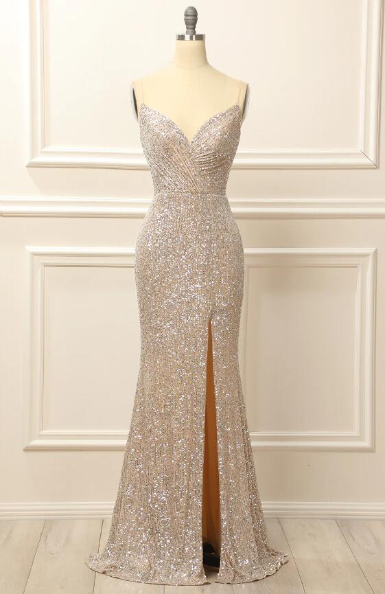 Silver Sequins Long Sleeve Split Prom Dres