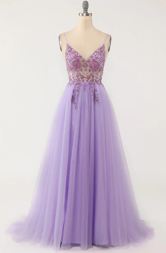 A Line Purple Beaded Tulle Long Prom Dress on Luulla