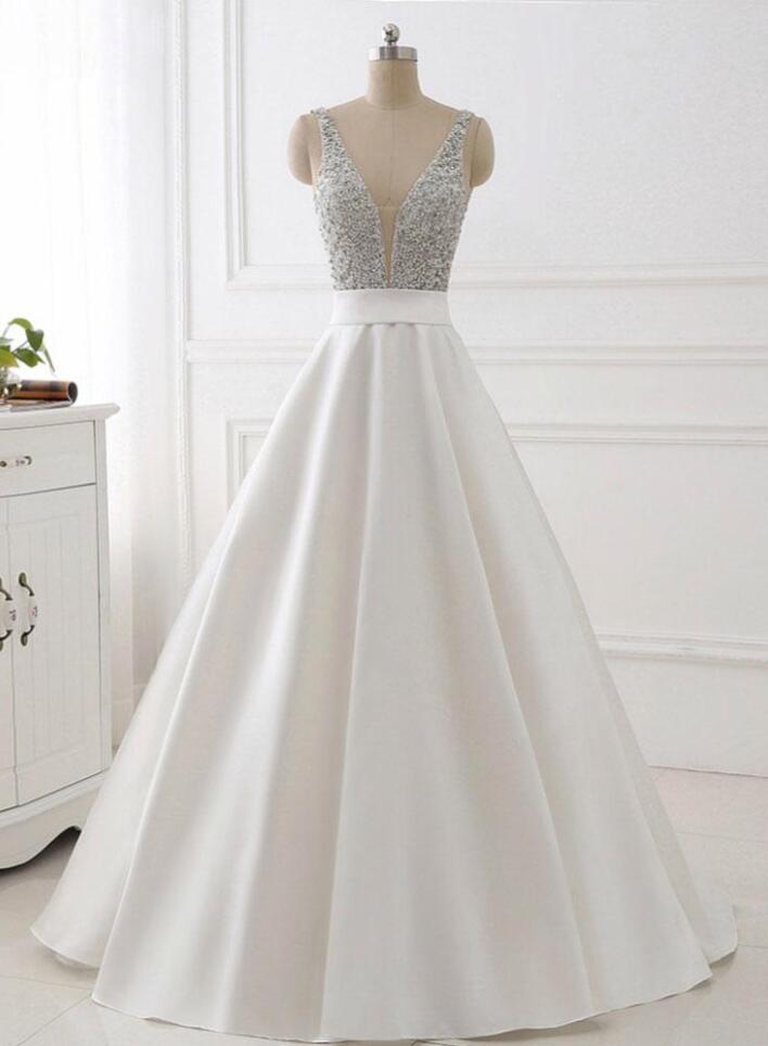 Elegant V Neck A-Line Ivory Satin Long Party Dress Retro Evening Gown, DP4594 main image 0