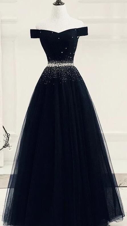 A-line Sleek and Stunning Off-the-Shoulder Black Prom Dress with Ruffle