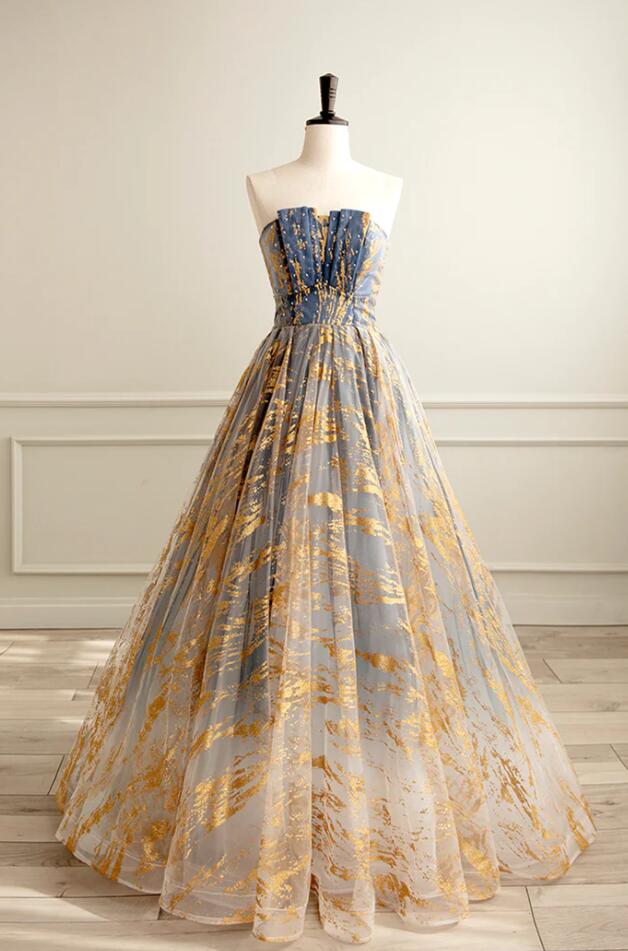 Fairy A Line Strapless Tulle Long Prom Dress, Evening Dress main image 1