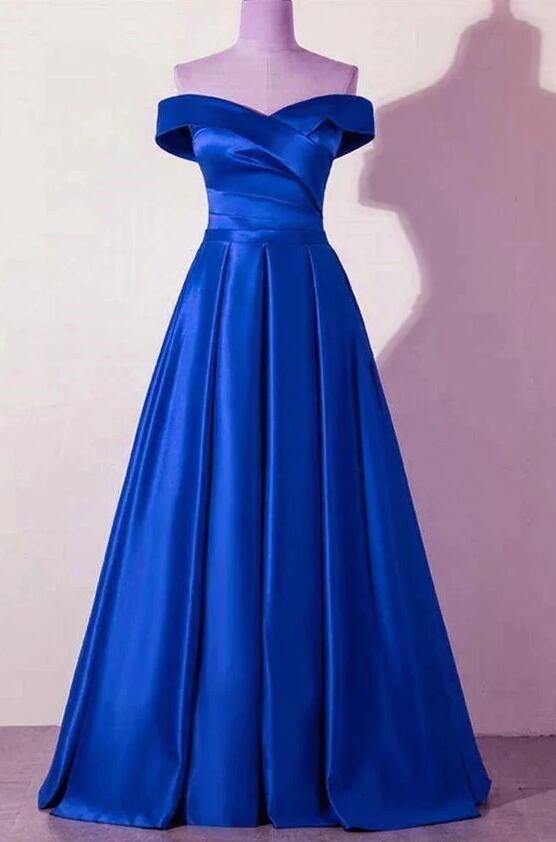 Off The Shoulder A Line Blue Satin Long Prom Dresses on Luulla
