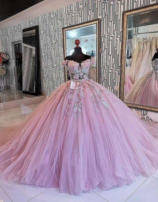 Unique Pink Tulle Off Shoulder Party Dress With Lace Applique Cute Prom Dress   cg12693 main image 1