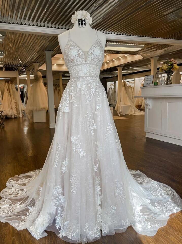 Long Mermaid V-neck Tulle Lace White Prom Dress with Slit main image 1