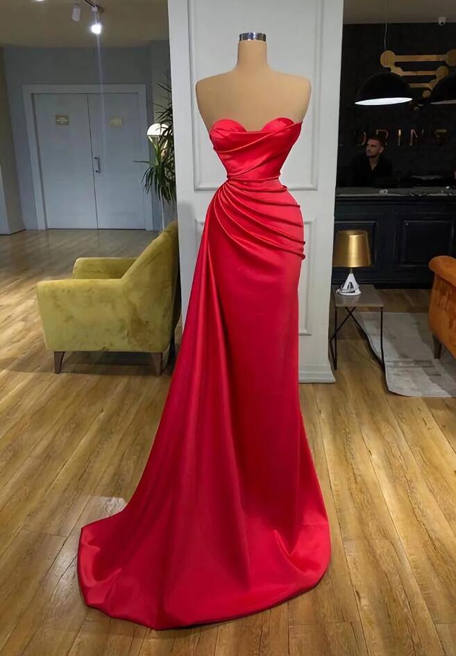 Classic Red Strapless Evening Dress Mermaid Long Split
