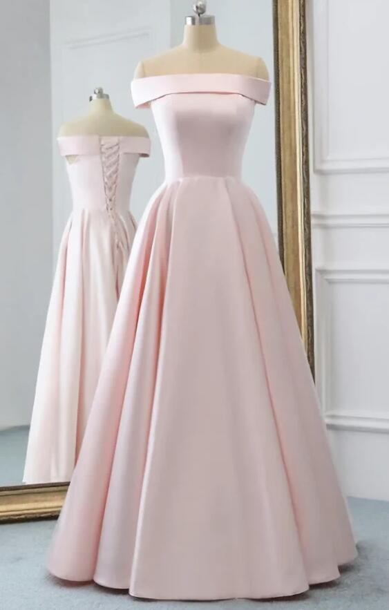 A Line Pink Satin Long Evening Dress With Pockets on Luulla
