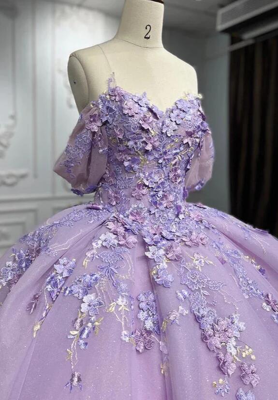 Glitter Off The Shoulder Lilac Tulle Beaded Ball Gown Quinceanera Dress  Y7463