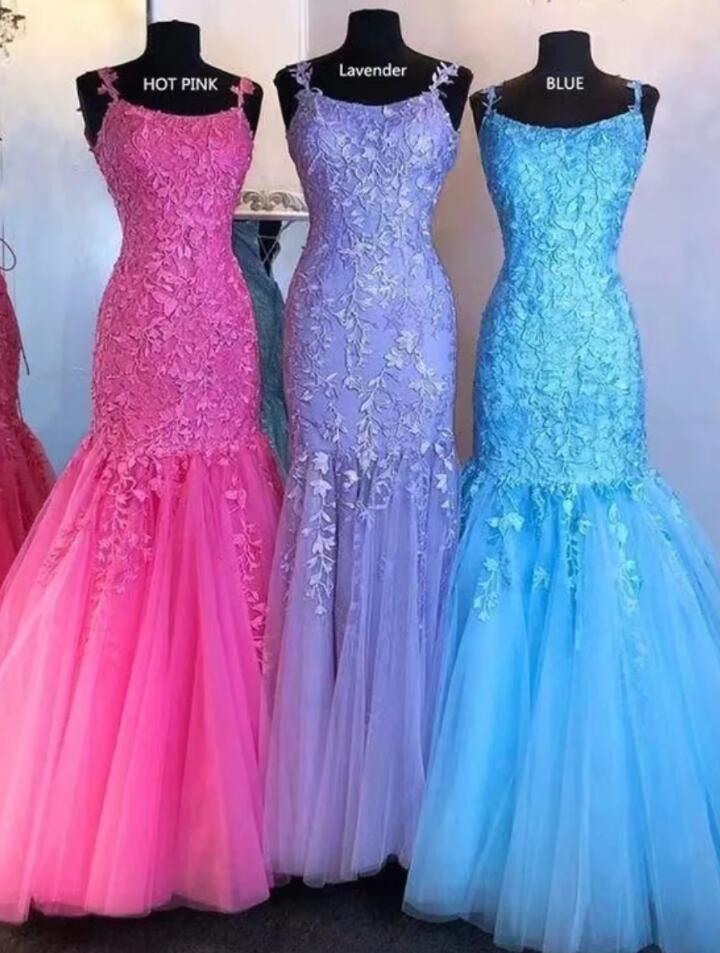 Trendy A-line Straps Junior Blue Lace Formal Prom Dress SREAL121