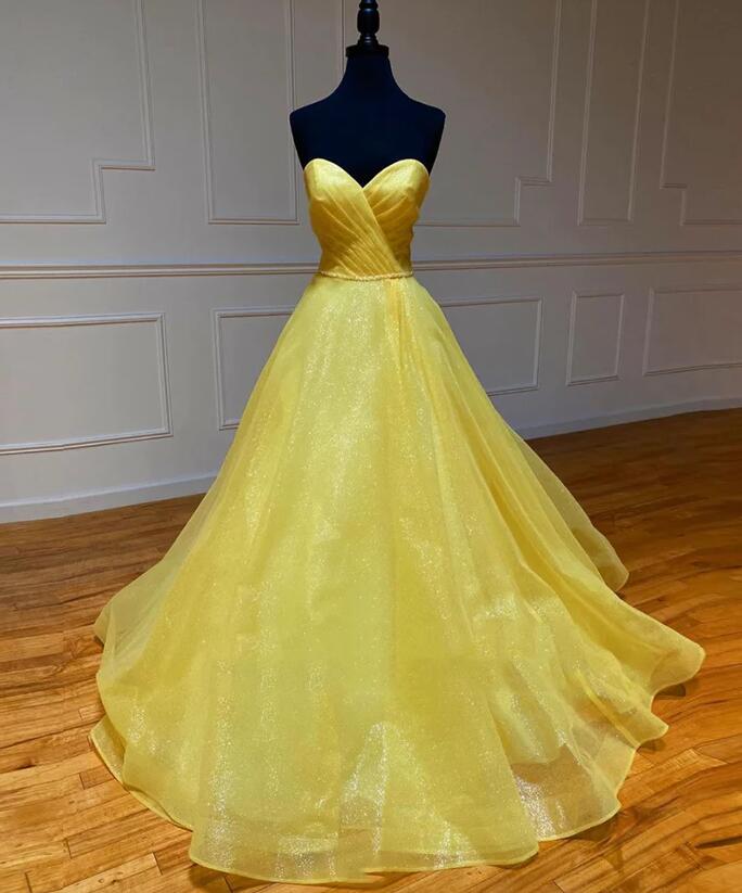 Simple Yellow Tulle Long Prom Dress, Yellow Formal Bridesmaid Dresses main image 1