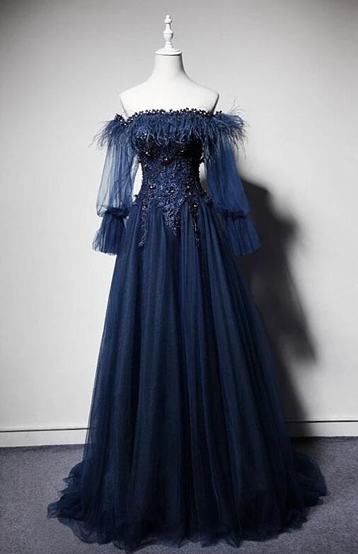 Elegant Navy Blue Tulle Lace Beading Off-shoulder Formal Evening ...