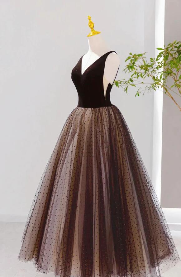 A Line Black V Neck Sequins Prom Dress LBQ1001