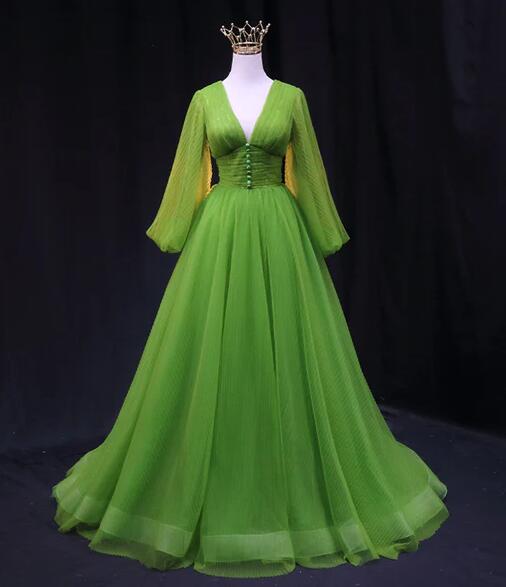 Simple Green V Neck Pleated Party Evening Dress,A Line Prom Dress cc2480