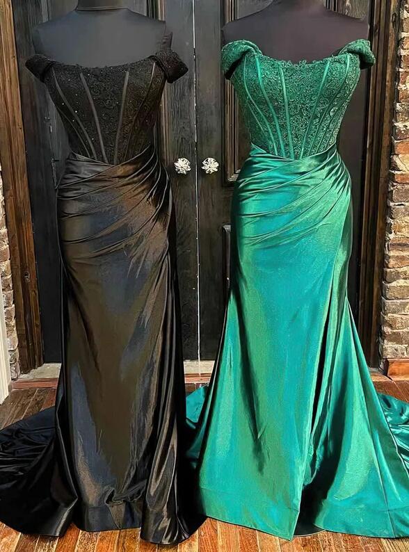 Blue Satin Sweep Train Long Prom Dresses main image 1