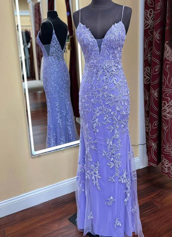 A Line Tulle V Neck Applqiues Prom Dresses With Slit LBQ0764