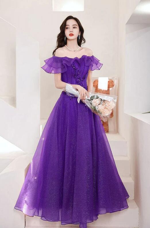 Vintage Off The Shoulder Purple Tulle Lace Beaded Short Formal Homecoming Dress Birthday Outfits Y9441 main image 0