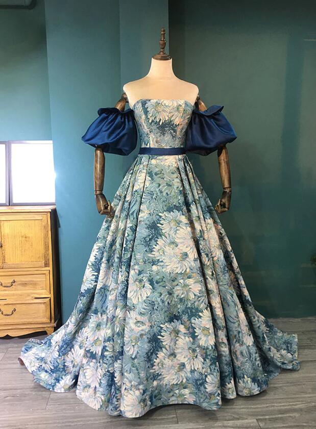 Unique A Line Strapless Printed Satin Slit Long Prom Dresses Formal Dress