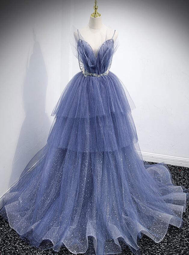 Shiny Blue Tulle Sequin Mermaid Long Party Dress Prom Gown SP1554